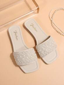 41码女式拖鞋，2025年春夏节日系列新品，方头平底凉鞋，适合搭配连衣裙，拉长腿部线条，时尚金色水钻拖鞋，漂亮的女童夏季沙滩拖鞋，防滑室内拖鞋，可爱的女童塑料拖鞋，43码 - 白色 - 查看 4