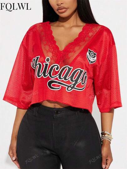 Conjuntos de verano para mujer FQLWL, blusas de mujer con cuello en V, manga corta, recorte con encaje, tops cortos, camiseta de fútbol de estilo urbano