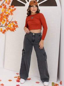 Women's Wide Leg Black Pants, Kids' Youth Denim, Stylish, Pocket Cargo Premium - màu đen - Xem 1