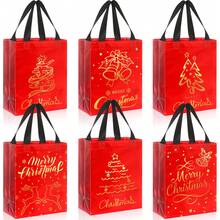 6/12pcs Christmas Gift Bags, Red Medium Reusable Christmas Tote Bags With Handles, Gold Foil Small Gift Bags, Non-Woven Fabric Gift Bags, Bulk Supply, Suitable For Christmas Holiday Party Favors, Size Approx. 4x8x10 Inches - 紅色 - 查看 2