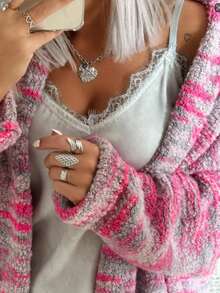 Damen Große Größen Lässig Farbverlauf Mittellanger Cardigan, gestrickter langer Windbreaker Pullover Mantel für Herbst/Winter - Pink - Übersicht 6