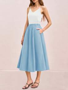 Womens A-Line Midi Skirt Elastic High Waist Pleated Flowy Swing Casual Long Skirt With Pocket - 淺藍色 - 查看 6