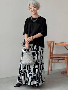 FRIFUL Women's Casual Woven Fabric Blouse, Round Neck Half Sleeve Top With Drawstring Detail And Regular Length - Black - View 4