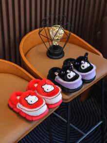 Sanrio 1 Pair New Kuromi Plush Home Slippers, Suitable For Children And Girls. These Slippers Are Warm And Comfortable For Autumn/Winter, With A Novel Design. Non-Slip And Wear-Resistant, Suitable For Indoor Wear At Home.