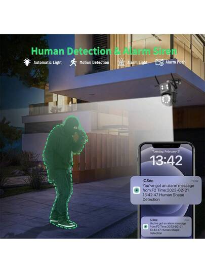 8MP Dual Lens Ultra HD PTZ Camera, 360° Rotation, AI Human Detection, Full Night Vision, Siren Alarm, Two Way Audio, WiFi/Mobile Remote, IP66 Waterproof, Outdoor, Home Business view 4