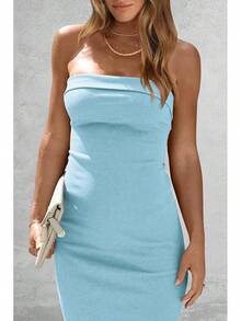 Women's Summer Bodycon Maxi Tube Dress Ribbed Strapless Side Slit Long Going Out Casual Elegant Party DressesHalloween Christmas New Year - Aqua Blue - 查看 3