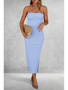 Women's Summer Bodycon Maxi Tube Dress Ribbed Strapless Side Slit Long Going Out Casual Elegant Party DressesHalloween Christmas New Year - 淺藍色 - 查看 7