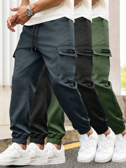 男士多口袋抽绳腰工装裤，纯色，舒适，适合户外、休闲、运动、度假、春秋季