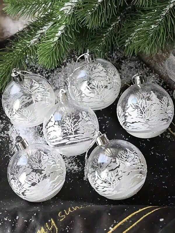 6 piezas/1 pieza Bolas de Navidad con patrón de árbol de Navidad de copo de nieve transparente, Bolas decorativas de acrílico de árbol de Navidad con copo de nieve blanco, Adornos de árbol de Navidad de plástico transparente relleno, Decoración colgante para chimenea, escalera, corona, fiesta de boda, decoración navideña