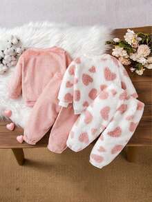 Bhchntiy 4 件套女婴秋冬新款毛绒爱心刺绣和粉色爱心印花纯色圆领运动衫和毛绒纯色裤子休闲时尚套装 - 粉色 - 查看 3