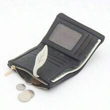 1个黑色树叶印花短款钱包，拉链口袋学院风零钱包，多卡位女士卡包，日常携带收纳包 - 黑與白 - 查看 6