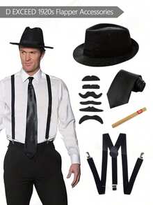 Value 5-Piece Set 1920s Men's Costume Hat, Includes 1920s Men's Hat, Tie, Fake Mustache, Accessories, Suspenders, Ball And Party Costume Halloween Outfit Accessories - Multicolor - View 7
