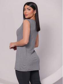 Blusa Feminina Regata Machão Long Line com Abertura P ao GG Academia Fitness - Chumbo - Visão 4