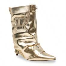 Elegant Women's Heeled Boots With Mid-Calf Height, Pointed Front, And Fashion Pocket Accent - 金色 - 查看 4