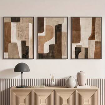 3 قطع لوحات جدارية مجردة بدون إطار باللونين البني والبيج، ملصقات كانفاس مجردة كبيرة، ديكور جداري بوهيمي حديث لتزيين الربيع والصيف، أعمال فنية داخلية للصالة والغرفة والمطبخ والبار والمقهى والمكتب والممر والمنزل والغرف، بدون إطار