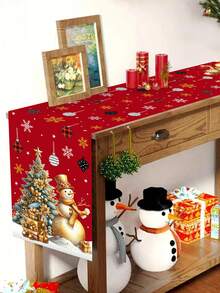 1pc 35x180cm Christmas Polyester Tablecloth, Red Polyester Tablecloth With Gold Snowman And Gift Christmas Tree Pattern, Suitable For Christmas Dinner Table Decoration, Home Holiday Textile Decor - Multicolor - View 5