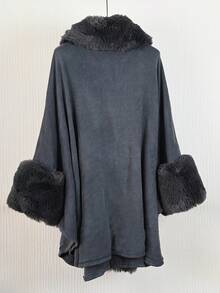 1 Peça Poncho Cardigan com Capuz e Gola Felpuda Elegante em Tecido de Malha Acrílica Folgado e Volumoso, Plus Size, para Mulheres, para Vestir