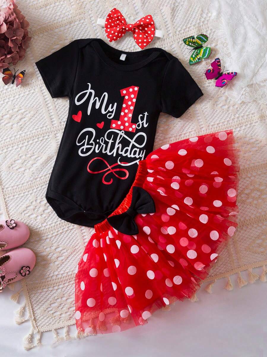3pcs/Set Baby Girl 1st Birthday Outfit, Letter Print Bodysuit & Tutu Dots Printed Skirt & Hairband, Infant Toddler Party 12-18 Months Dress Suits - 紅色 - 查看 1