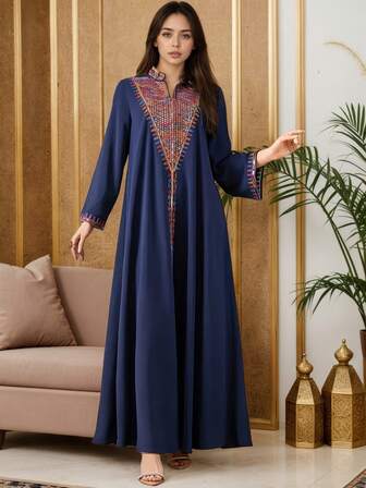 一件式女士穆斯林亮片刺绣卡夫坦晚礼服端庄的阿拉伯长裙