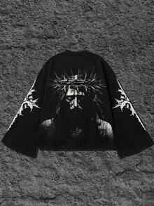 1 件男士宽松复古时尚耶稣 3D 印花喇叭袖短款休闲 T 恤，春夏秋季，情绪摇滚，秋季，2000 年代风格 - 黑色 - 查看 1