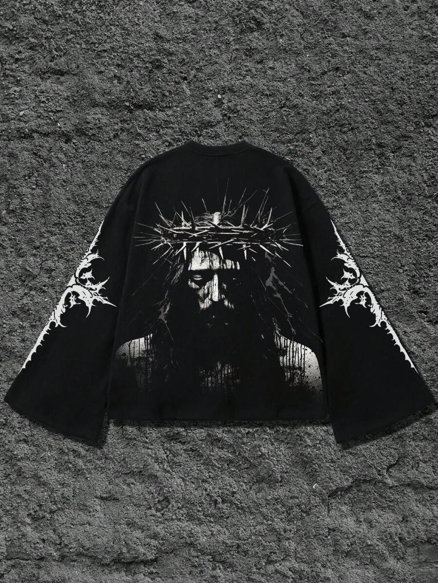 1 件男士宽松复古时尚耶稣 3D 印花喇叭袖短款休闲 T 恤，春夏秋季，情绪摇滚，秋季，2000 年代风格 - 黑色 - 查看 1