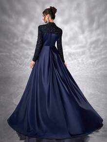 YISIKADO 女士正式晚礼服，优雅亮片撞色缎面高领长袖连衣裙，奢华闪亮舞会礼服，婚礼宾客礼服，适合毕业典礼、晚宴、春季派对等场合。 - 藏蓝色 - 查看 3