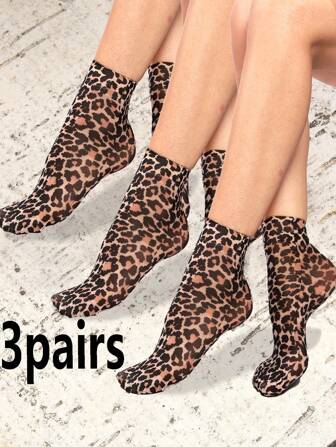 3 Pairs Women's Thin Leopard Print Ankle Socks, Summer