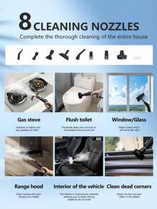 1250毫升高温高压蒸汽清洁器，配备10种配件和多级调节功能，多功能厨房蒸汽清洁器和汽车蒸汽清洁器，适用于地板、地毯、沙发、厨房用具、缝隙、车辆和衣物，蒸汽清洁器、蒸汽熨斗，必备厨房电器和地毯清洁工具，必备家用清洁工具，家用蒸汽清洁器，节日礼物 - 查看 8