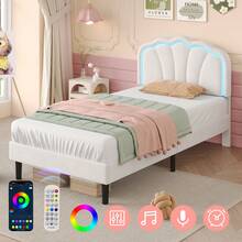 Flieks 3ft Single Upholstered Bed With LED Adjustable Shell Shape Headboard, Soft Velvet Bed Frame With Solid Wood Slat, No Box Spring Needed, Easy Assembly (No Mattress) - White - View 4