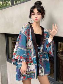 Chinese Style Retro Niche Floral Print Kimono Cover Up, Summer Beach Resort One-Piece Robe Cover-Up Lightweight Jacket - Blue - View 3