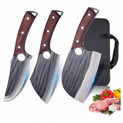 Xnarlath Butcher Knife Set With Bag, Meat Cleaver For Meat Cutting Processing High Carbon Steel, Hand Forged Butcher Chef Knives,Outdoor BBQ Camping Viking Knife