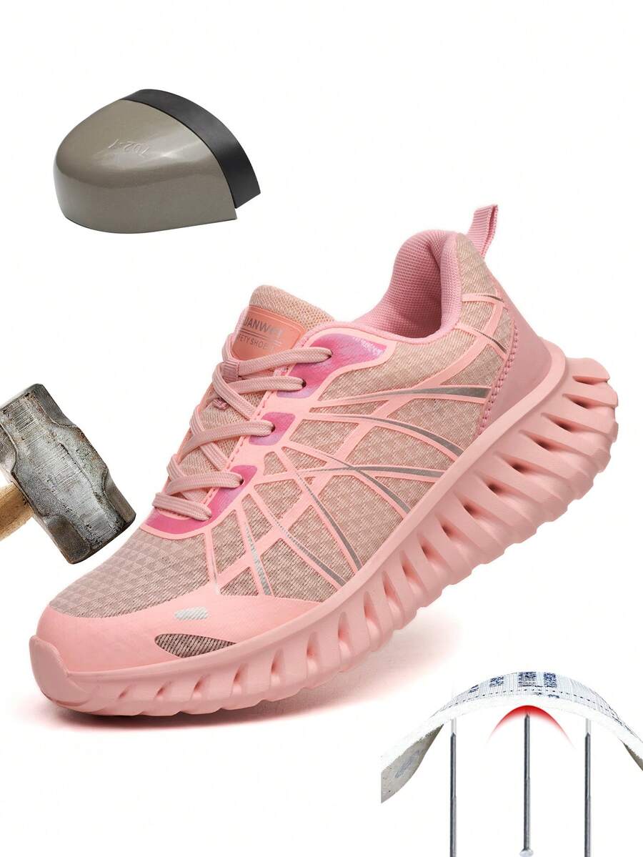 女鞋新款舒适钢头鞋防撞防刺穿耐磨工作鞋工地仓库防撞防护鞋英伦风女劳保鞋 - 粉色 - 查看 1