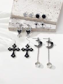 6 Pairs Gothic Cross, Sunflower, Pentagram, Crescent Moon, Raven, Pentagram, Skull Fashionable Earring Set