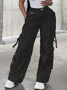 Fashionable Casual Solid Color Straight Leg Cargo Pants - Black - View 1