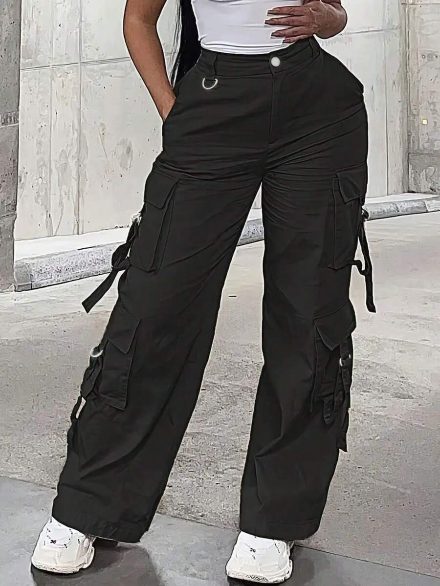 Fashionable Casual Solid Color Straight Leg Cargo Pants - Black - View 1