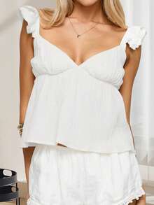 Tank Tops For Women Summer Fashionable Solid Color Backless Flying Sleeve Deep V Neck Loose Shirt - 白色 - 查看 3