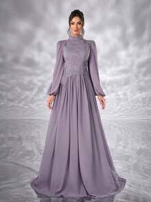 Elisanya 3D花朵串珠花蕊女士雪纺连衣裙舞会派对长袖高领优雅茶会端庄婚礼宾客毕业演唱会宴会晚宴 - 紫色 - 查看 2