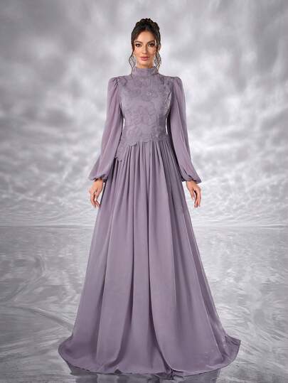 Elisanya 3D Flower Beaded Stamen Women Chiffon Dress Prom Party Dress Long Sleeve High Neck Elegant Tea Party Modest Wedding Guest Graduation Concert Banquet Dinner