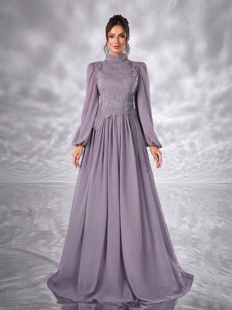 Elisanya 3D花朵串珠花蕊女士雪纺连衣裙舞会派对长袖高领优雅茶会端庄婚礼宾客毕业演唱会宴会晚宴