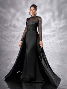 YISIKADO فستان نسائي فاخر بأكمام طويلة وياقة مرتفعة من الشبكة والأقمشة الساتان المخملي مع تفاصيل من الراين لحفلات التخرج والحفلات الرسمية وحفلات الزفاف