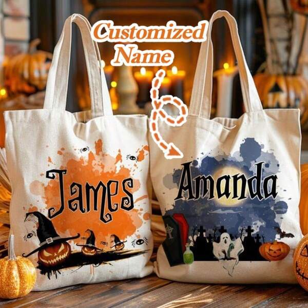 Personalized Halloween Tote Bag Customized Pumpkin Witch Black Cat Castle Skeleton Ghost Canvas Tote Bag For Trick Or Treat Goodie Gift Bags