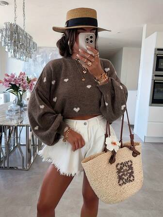 Plus Size 2025 Versatile Knitted Heart Pattern Crew Neck Long Sleeve Sweater Crop Top For Women