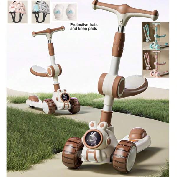 Patinete de 3 ruedas plegable con un solo botón para niños, juguete de patinete para exteriores y deportes con asiento, ruedas con luces LED, manillar ajustable en altura, apto para niños a partir de 3 años, soporta hasta 100 kg, juguete divertido de verano, regalo para el Día del Niño