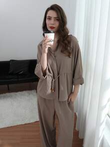 HH 女士裤子套装纯色七分袖翻领抽绳设计休闲宽松上衣+松紧腰阔腿长裤