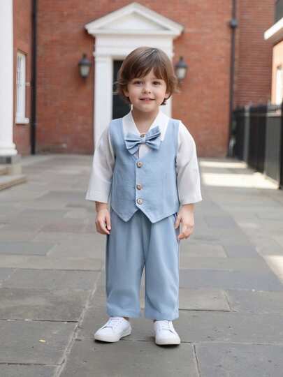 Conjuntos de pantalones de 3 piezas de otoño para bebés niños, conjuntos de pantalones con tirantes y chaleco con solapa y botones de manga larga