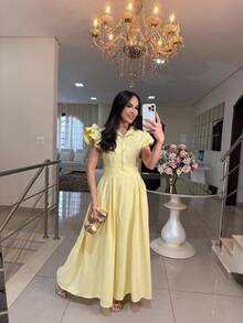 Elegant Long Dress With Puff Sleeves And Front Buttons – Sophisticated Look For Parties And Events - 黃色 - 查看 1