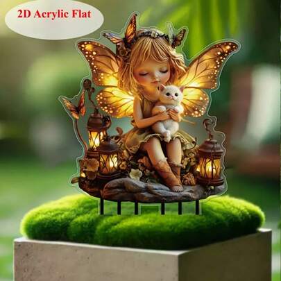 1pc/2pcs Acrylic Fairy & Kitty Garden With Lantern, Butterfly & Lighting Effect, Suitable For Outdoor Art, Yard Garden Display, Fairy Garden Decor, Creating Dreamy Atmosphere, 2D