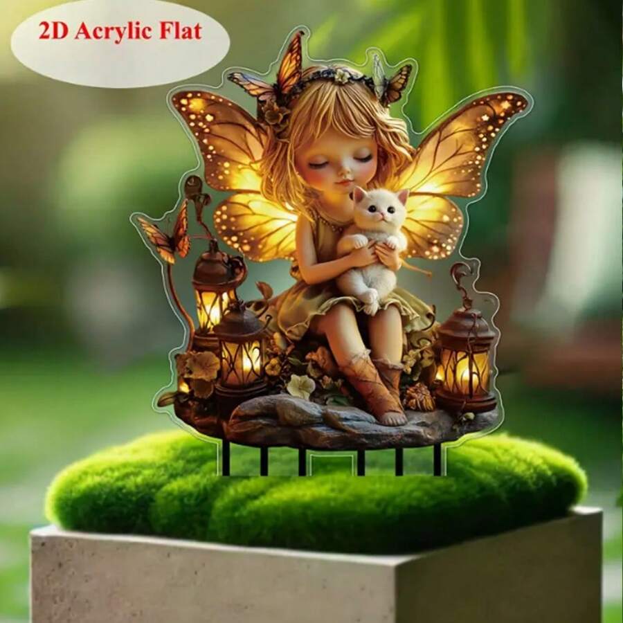 1pc/2pcs Acrylic Fairy & Kitty Garden With Lantern, Butterfly & Lighting Effect, Suitable For Outdoor Art, Yard Garden Display, Fairy Garden Decor, Creating Dreamy Atmosphere, 2D - Multicolor-ground Plug - View 1
