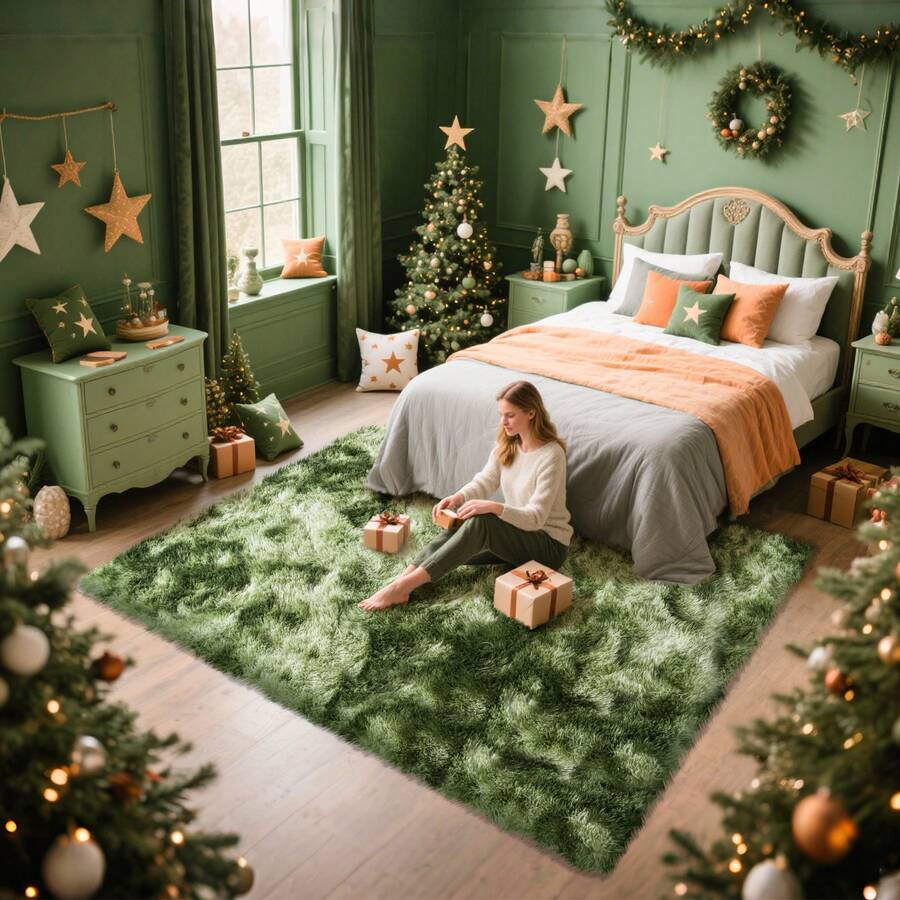 1pc Ultra-Soft, Comfortable And Fluffy Living Room Carpet, Bedroom Indoor Carpet, Fluffy Faux Fur Carpet, Home Decoration, Which Can Be Used In Bedrooms, Living Rooms, Corridors And Other Indoor Areas. - 紮染綠 - 查看 1