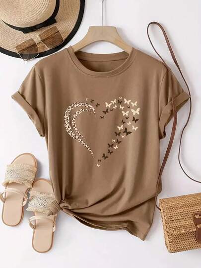 Playera camiseta básica estampada gráfica curvy tallas extra plus size dama mujer manga corta cuello redondo estampado corazon corazones mariposa mariposas animal print leopardo guepardo cheetah chita aesthetic regular casual comoda fresca ligera suave moderna juvenil romantica bohemia salida casa diario dia playa calor primavera verano